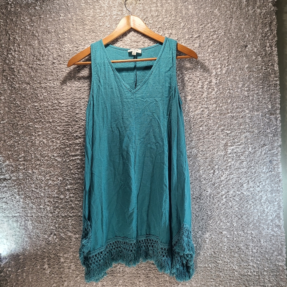 Umgee USA Sleeveless Small Gauze Mini Dress Green Fringe Crochet Linen